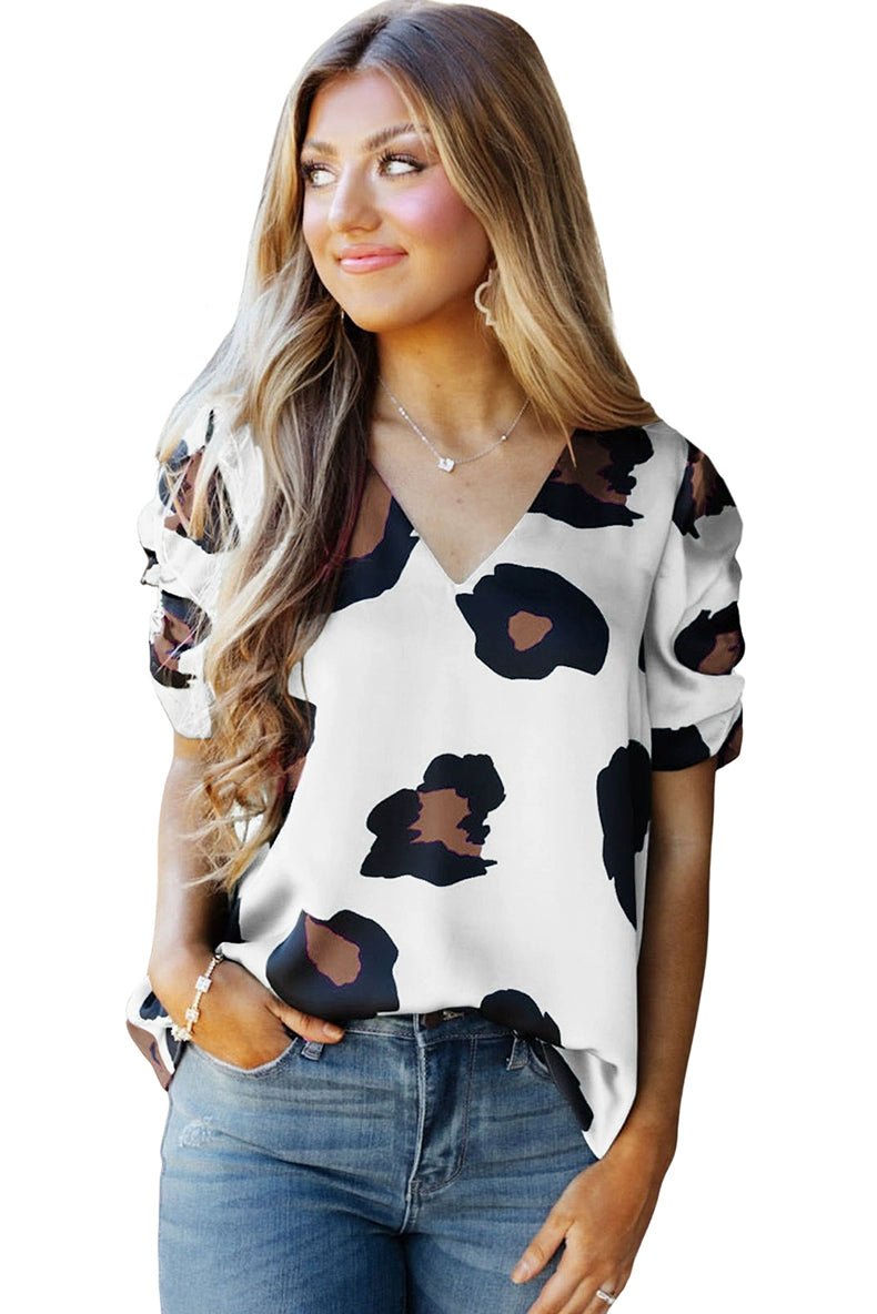 Leopard Print Fashion V Neck Pullover Print Short Sleeve T-shirt - Kaiju Mafia