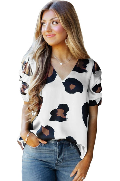 Leopard Print Fashion V Neck Pullover Print Short Sleeve T-shirt - Kaiju Mafia