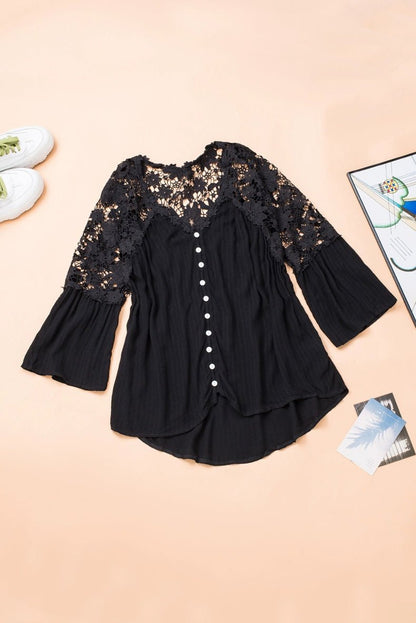 Fashion V Neck Chiffon Shirt Loose Long Sleeves Pullover Lace - Kaiju Mafia