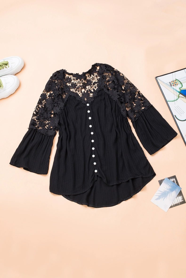 Fashion V Neck Chiffon Shirt Loose Long Sleeves Pullover Lace - Kaiju Mafia