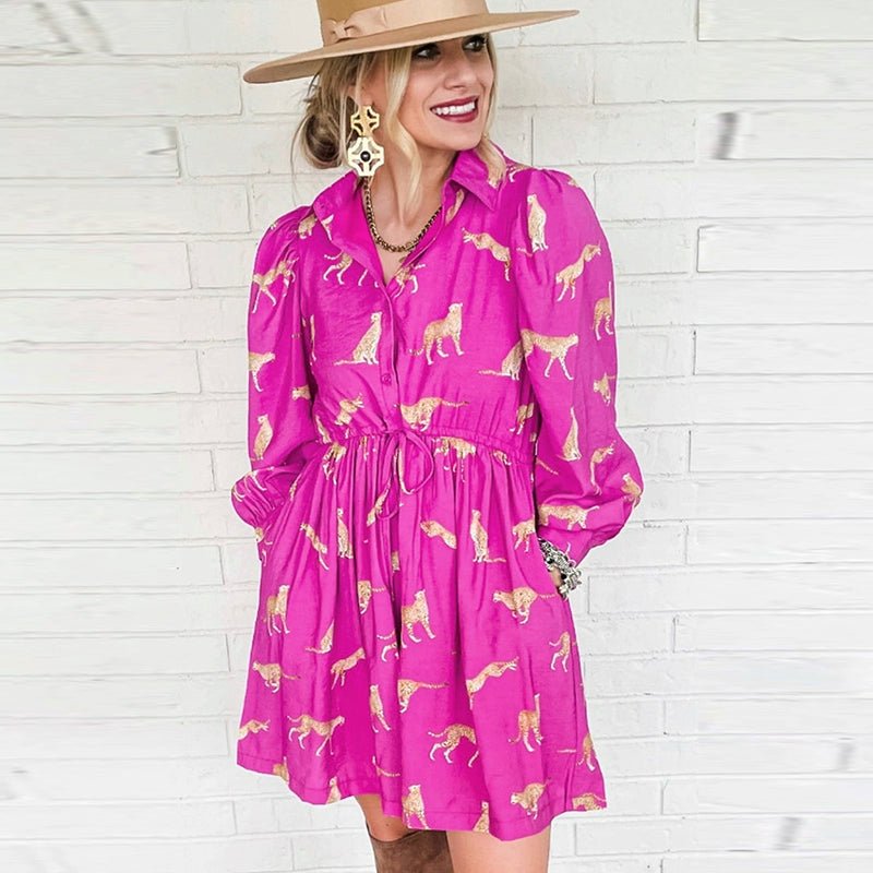 Fashion Leopard Print Long Sleeves Dress Women 2024 Spring New Arrival Casual Versatile Personality Knee - Length Skirt Short Skirt Women - Kaiju Mafia