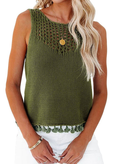 2024 Summer New Outdoor Cut Out Woolen Vest Female European and American Leisure Fashion Tassel round Neck Sleeveless Tops Female - Kaiju Mafia