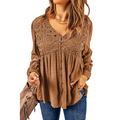 Brown Lace Crochet Shirt - Fall 2024 Women&