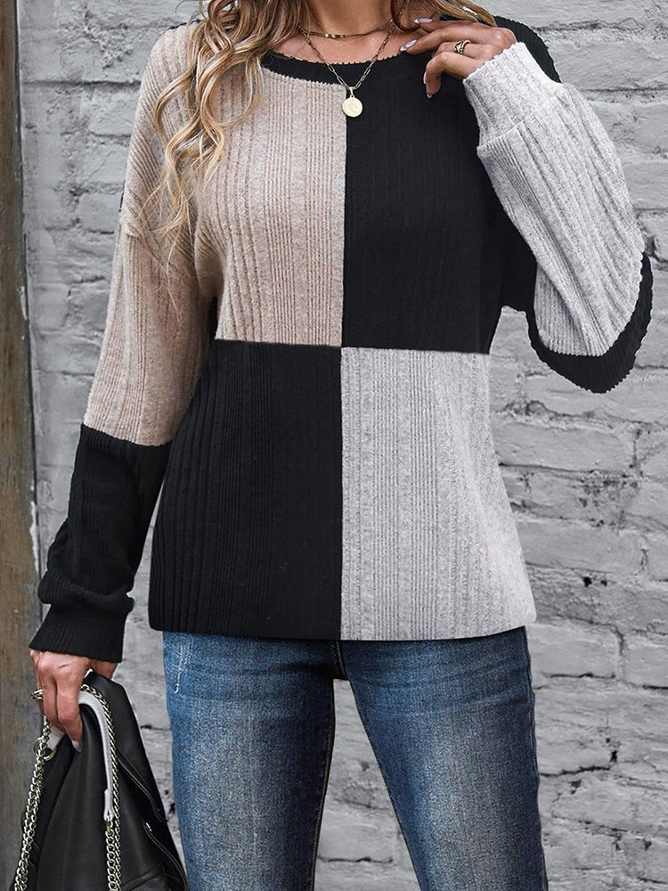 Fashion Contrast Color Multicolor Stitching Long Sleeve T-shirt Women 2024 Fall and Winter New Arrival Silm Easiest for Match round Neck Pullover Tops - Kaiju Mafia