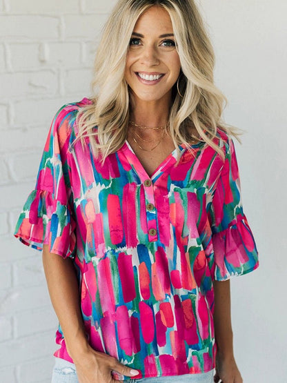 Fashion Abstract Stroke Print Short - Sleeved Chiffon Shirt Tops Women&
