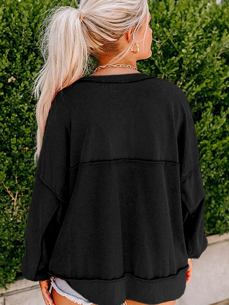 Fall New Arrival Pure Color Outer Stitching Button Sweatshirt Women 2024 European and American Leisure Easiest for Match Loose V Neck Pullover Women - Kaiju Mafia