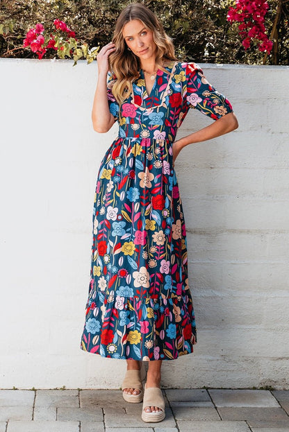 Fashion Short Sleeve Dress Summer Slimming Florals Print - Kaiju Mafia