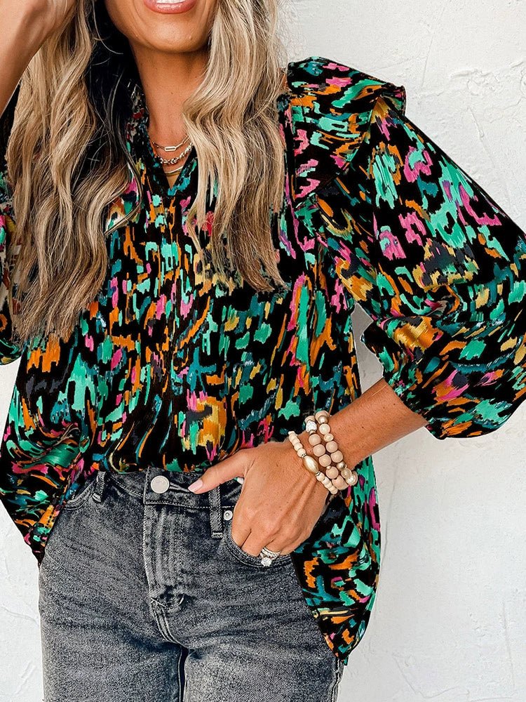 2024 Summer Abstract Print Chiffon Shirt for Women - Slim Fit Statement Top - Kaiju Mafia