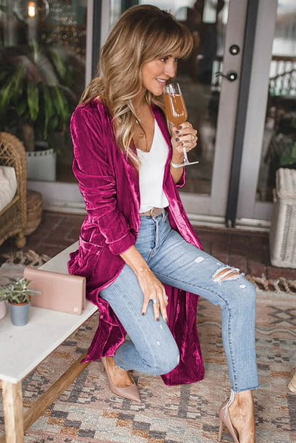 Autumn and Winter Yellow Velvet Front Pocket Mid Length Long Length Cardigan Cape Fashion New Arrival Women&