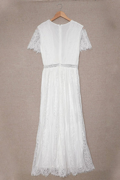 V Neck Fashion White Fairy Lace Dress Short Sleeve - Kaiju Mafia
