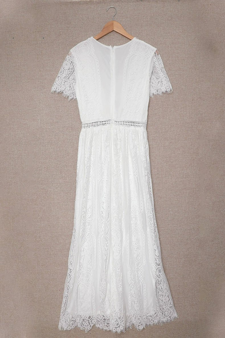 V Neck Fashion White Fairy Lace Dress Short Sleeve - Kaiju Mafia