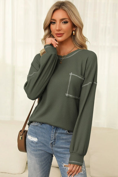 Spring New Arrival Pure Color Waffle Knitting T-shirt Female European and American Leisure Wind Pullover round Neck Long Sleeve Top Female - Kaiju Mafia