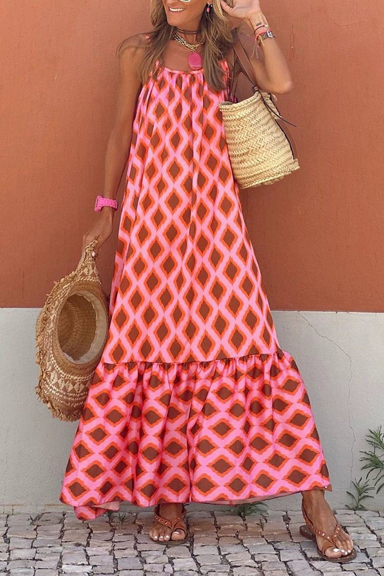 Fashion Geometric Print Sling Long Dress 2024 Summer New Arrival Loose Waist round Neck Sleeveless Thin Dress - Kaiju Mafia
