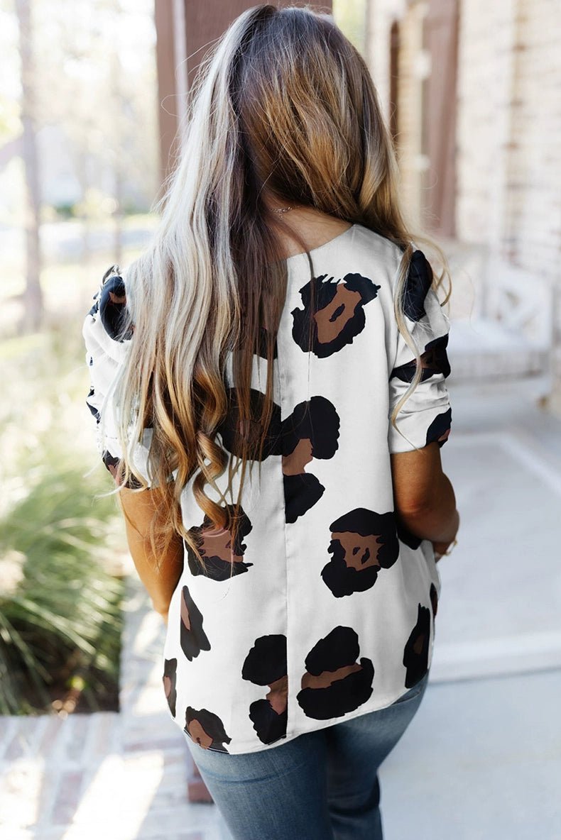 Leopard Print Fashion V Neck Pullover Print Short Sleeve T-shirt - Kaiju Mafia
