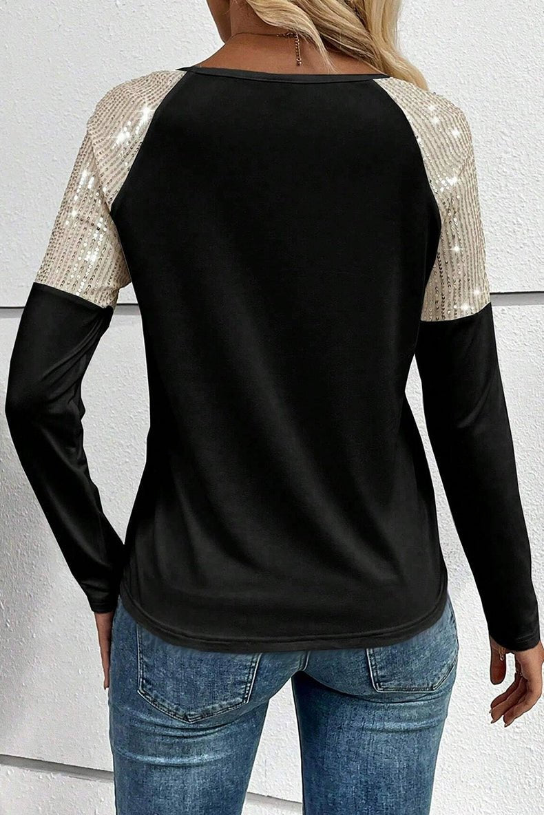Fashion Sequin Stitching Black Long Sleeves T-shirt Women 2024 Fall and Winter New Versatile Long Sleeves Long Sleeves Pullover Tops Women - Kaiju Mafia