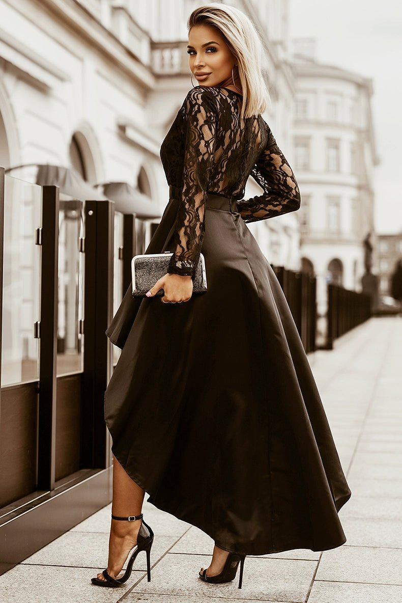 Dilamon Fall and Winter New round Neck Long Sleeves Lace Lace Dovetail Satin Prom Party Dress Dress Long Dress - Kaiju Mafia