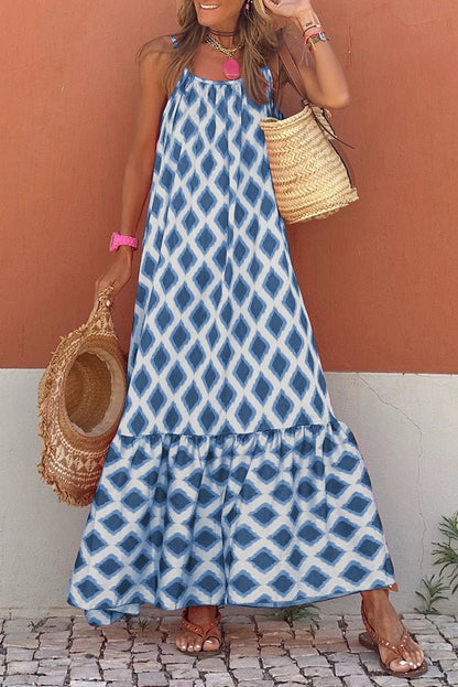 Fashion Geometric Print Sling Long Dress 2024 Summer New Arrival Loose Waist round Neck Sleeveless Thin Dress - Kaiju Mafia