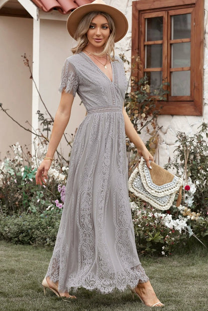 V Neck Fashion White Fairy Lace Dress Short Sleeve - Kaiju Mafia