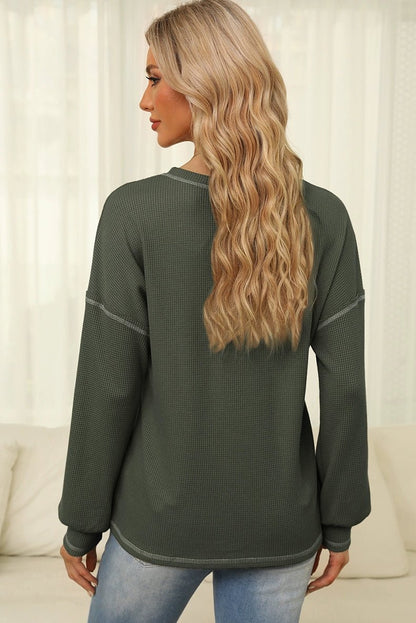 Spring New Arrival Pure Color Waffle Knitting T-shirt Female European and American Leisure Wind Pullover round Neck Long Sleeve Top Female - Kaiju Mafia