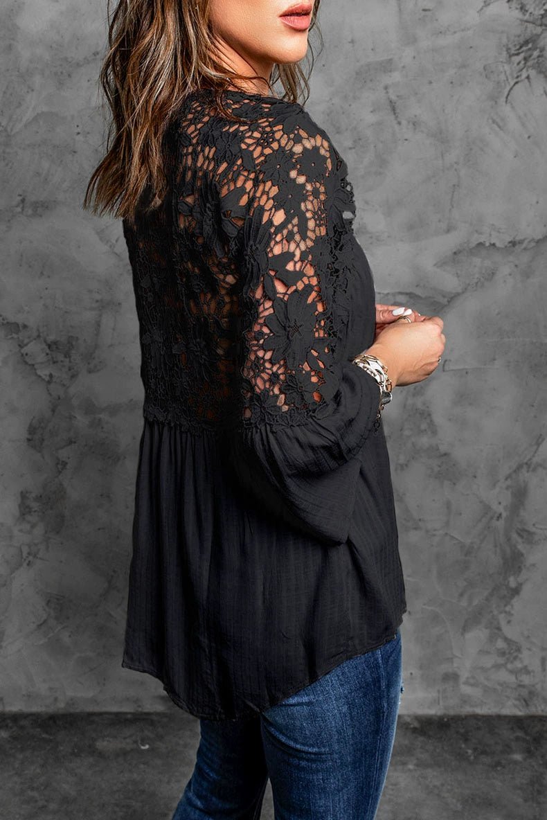 Fashion V Neck Chiffon Shirt Loose Long Sleeves Pullover Lace - Kaiju Mafia