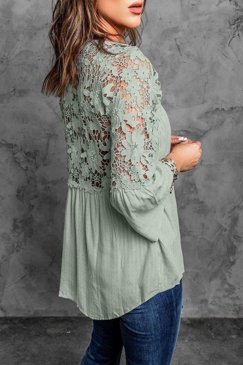 Fashion V Neck Chiffon Shirt Loose Long Sleeves Pullover Lace - Kaiju Mafia