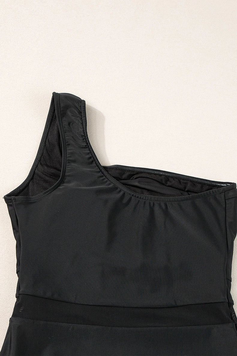 2024 Summer One - Shoulder Diagonal Collar One - Piece Swimsuit Female Fashion New Arrival Slim Cover Belly Mesh Patchwork Quick - Drying Swimwear - Kaiju Mafia