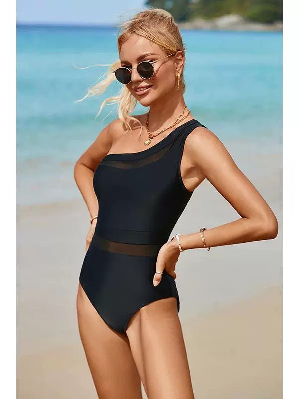 2024 Summer One - Shoulder Diagonal Collar One - Piece Swimsuit Female Fashion New Arrival Slim Cover Belly Mesh Patchwork Quick - Drying Swimwear - Kaiju Mafia