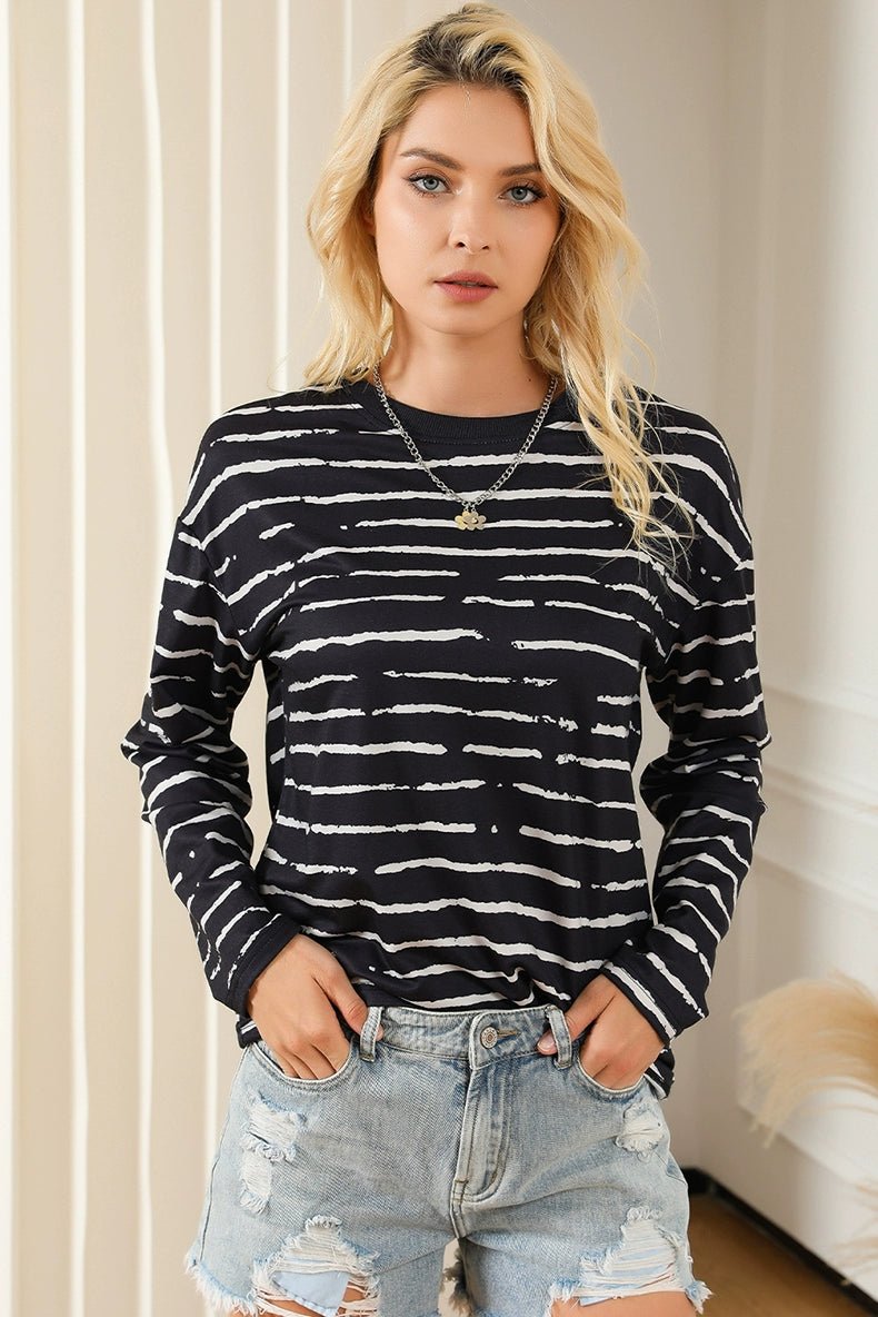 Stripes Thin Tops round Neck Pullover Long Sleeves T-shirt - Kaiju Mafia