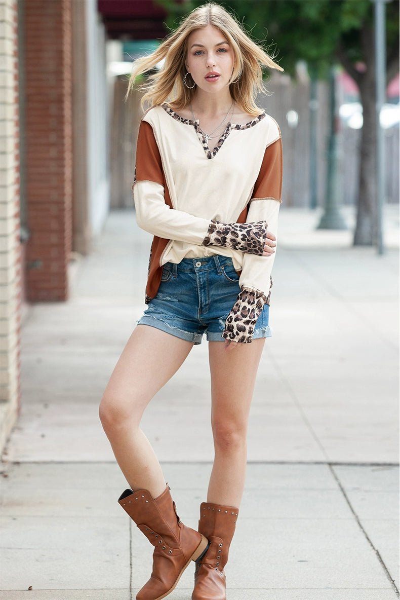 Fashion Leopard Print Stitching Long Sleeve T-shirt Women 2024 Spring &amp; Fall New V - neck Pullover Women Casual Pullover Tops - Kaiju Mafia