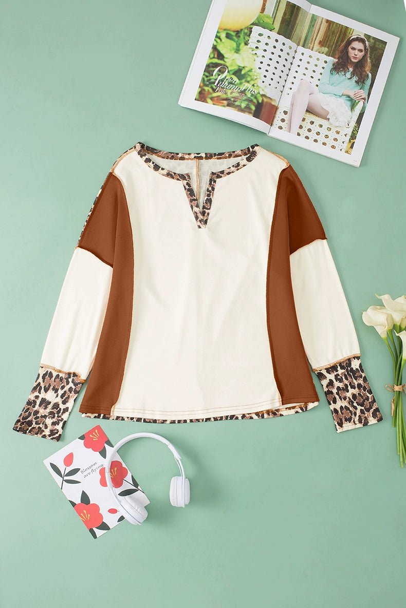 Fashion Leopard Print Stitching Long Sleeve T-shirt Women 2024 Spring &amp; Fall New V - neck Pullover Women Casual Pullover Tops - Kaiju Mafia