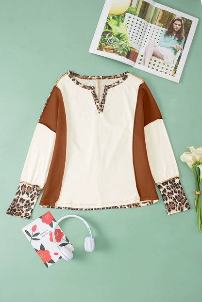 Fashion Leopard Print Stitching Long Sleeve T-shirt Women 2024 Spring &amp; Fall New V - neck Pullover Women Casual Pullover Tops - Kaiju Mafia