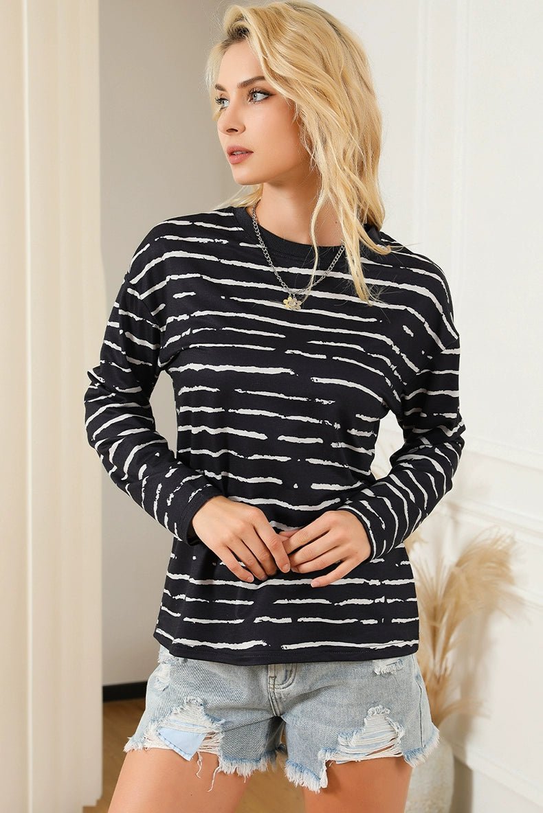 Stripes Thin Tops round Neck Pullover Long Sleeves T-shirt - Kaiju Mafia