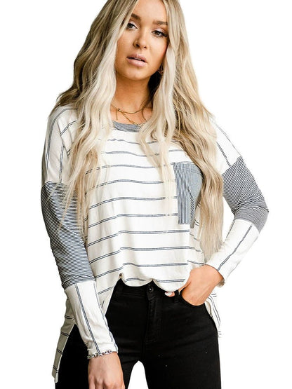 2024 Autumn Thin Striped Printed Long Sleeves T-shirt Female European and American All - Matching Hem Side Slit round Neck Pullover Top - Kaiju Mafia