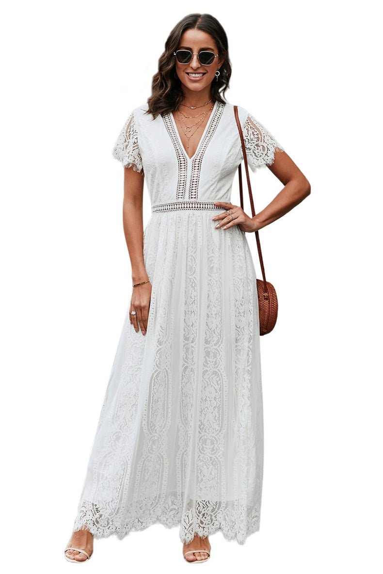 V Neck Fashion White Fairy Lace Dress Short Sleeve - Kaiju Mafia