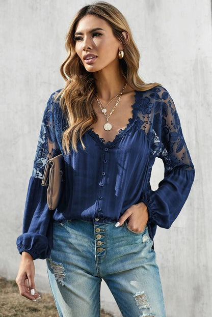 Fashion V Neck Chiffon Shirt Loose Long Sleeves Pullover Lace - Kaiju Mafia