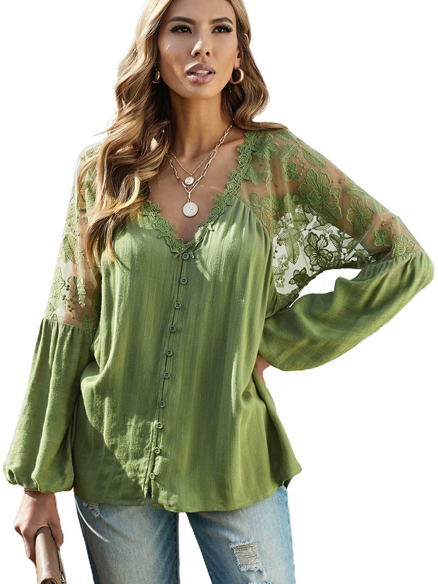 Fashion V Neck Chiffon Shirt Loose Long Sleeves Pullover Lace - Kaiju Mafia