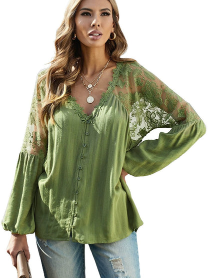 Fashion V Neck Chiffon Shirt Loose Long Sleeves Pullover Lace - Kaiju Mafia