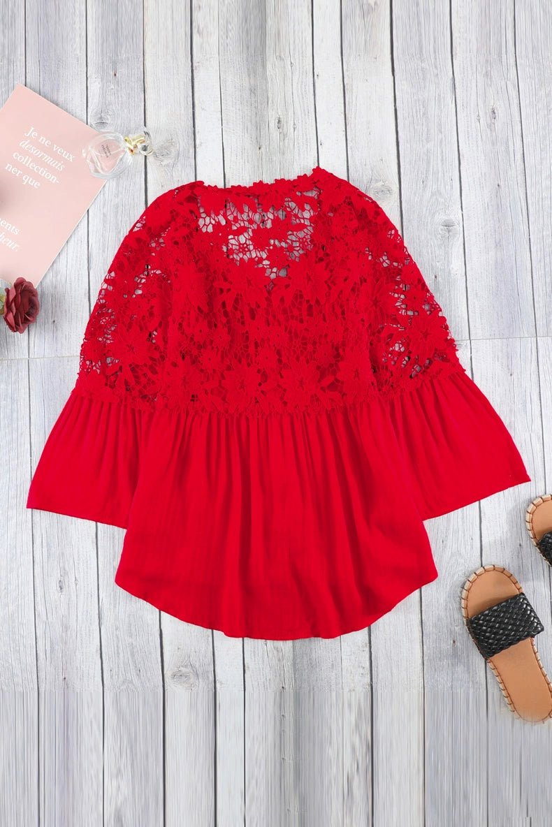 Fashion V Neck Chiffon Shirt Loose Long Sleeves Pullover Lace - Kaiju Mafia