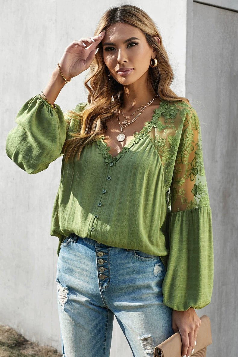 Fashion V Neck Chiffon Shirt Loose Long Sleeves Pullover Lace - Kaiju Mafia