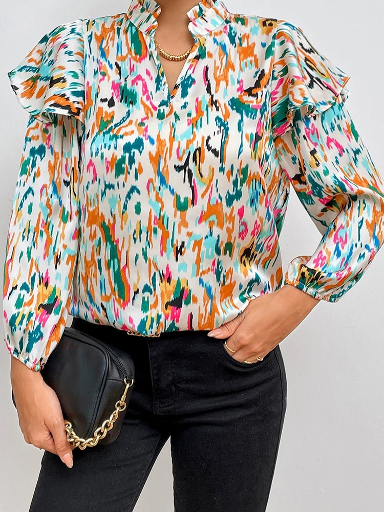 2024 Summer Abstract Print Chiffon Shirt for Women - Slim Fit Statement Top - Kaiju Mafia
