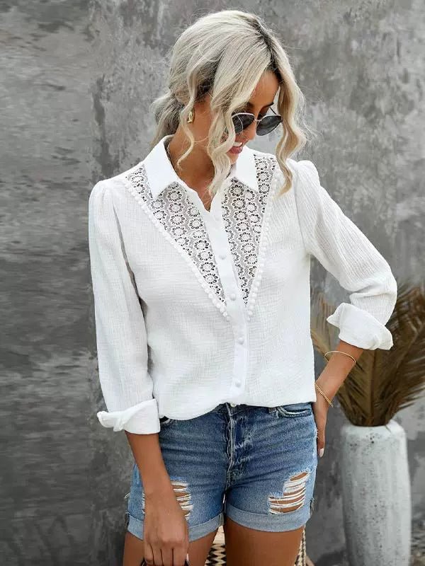 Fall Lace Cut Out Long Sleeves Thin Shirt Female 2024 New Arrival Easiest for Match Loose Lapel Single Breasted Shirt Coat - Kaiju Mafia