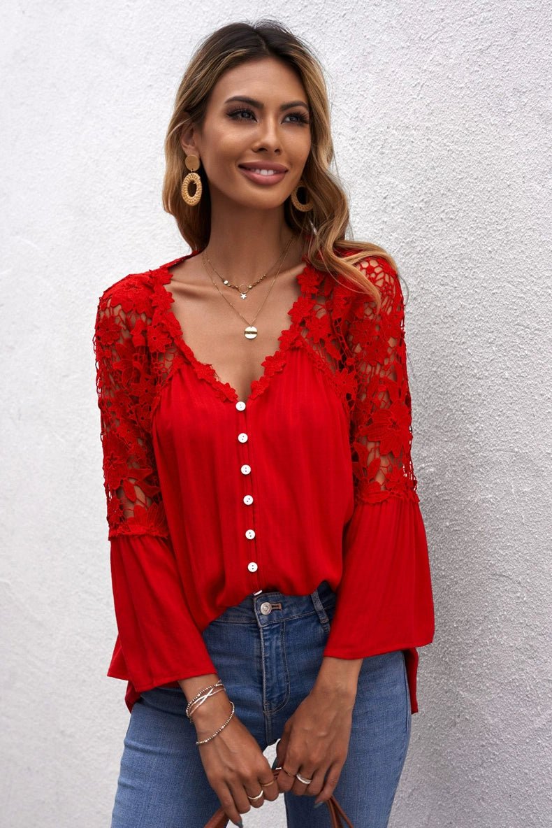 Fashion V Neck Chiffon Shirt Loose Long Sleeves Pullover Lace - Kaiju Mafia