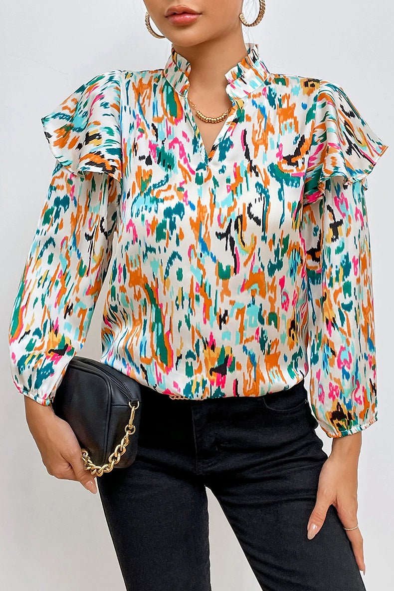 2024 Summer Abstract Print Chiffon Shirt for Women - Slim Fit Statement Top - Kaiju Mafia