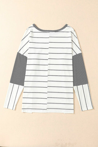 2024 Autumn Thin Striped Printed Long Sleeves T-shirt Female European and American All - Matching Hem Side Slit round Neck Pullover Top - Kaiju Mafia