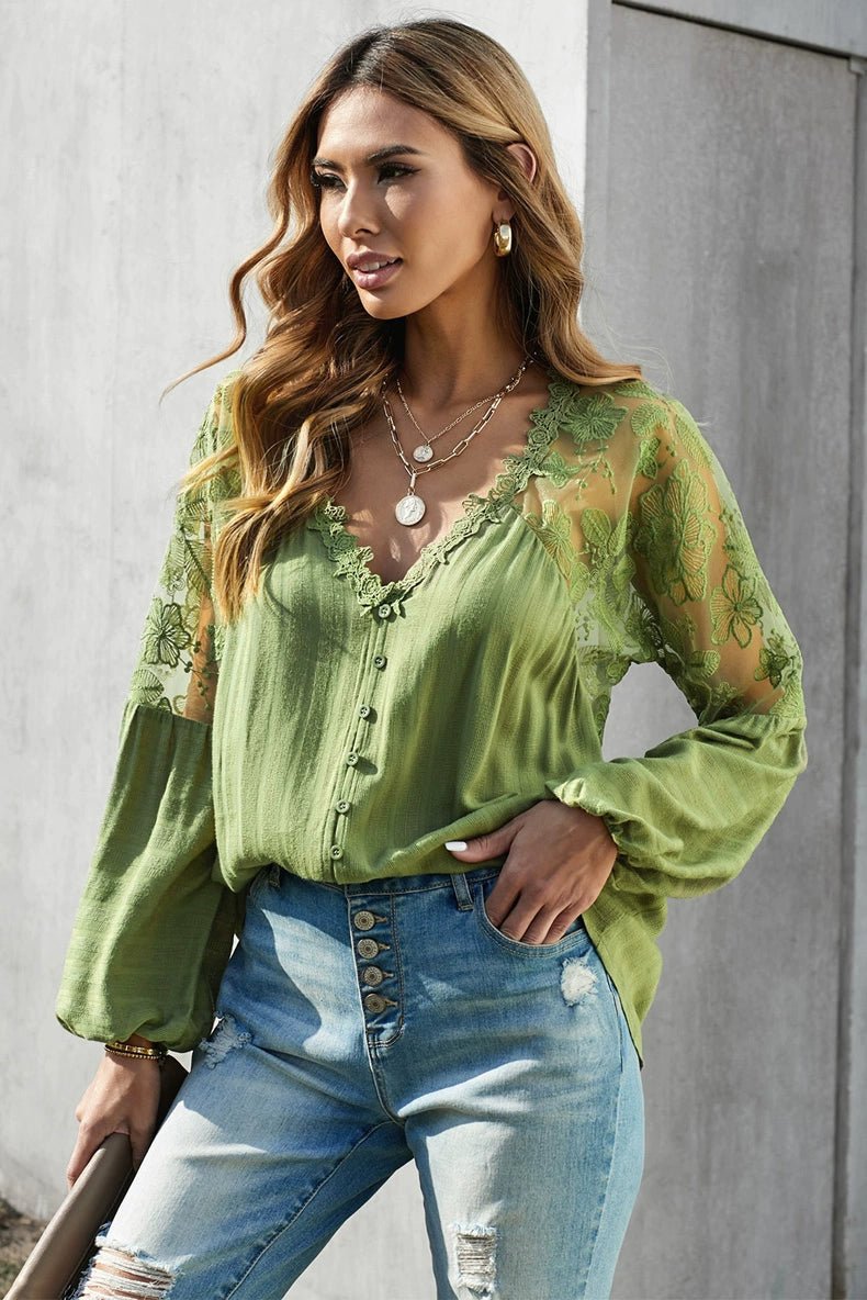Fashion V Neck Chiffon Shirt Loose Long Sleeves Pullover Lace - Kaiju Mafia