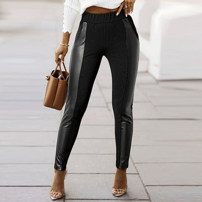 Fall 2024 New Arrival High Waist Tight Leggings Women Fashion Leather Patchwork Easy Matching Long Sleeves Silm Casual Pants Women - Kaiju Mafia
