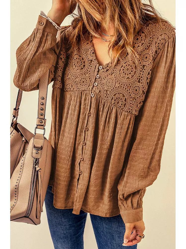 Fall 2024 New Brown Lace Crochet Shirt Women Fashion Style Fashion Button V Neck Little - Girl Style Clothes Tops Women - Kaiju Mafia