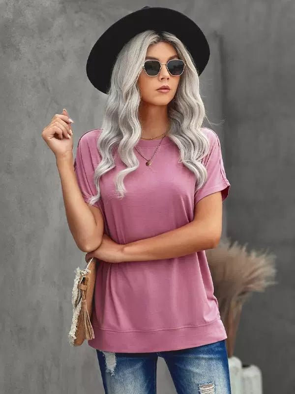 2024 Summer New Arrival Shoulder Solid Color round Neck Short Sleeves T-shirt Female European and American Leisure Minimalist Easiest for Match Three Quarter Sleeve Tops - Kaiju Mafia