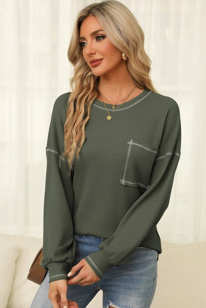 Spring New Arrival Pure Color Waffle Knitting T-shirt Female European and American Leisure Wind Pullover round Neck Long Sleeve Top Female - Kaiju Mafia