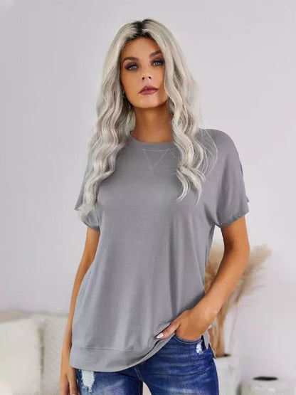 2024 Summer New Arrival Shoulder Solid Color round Neck Short Sleeves T-shirt Female European and American Leisure Minimalist Easiest for Match Three Quarter Sleeve Tops - Kaiju Mafia